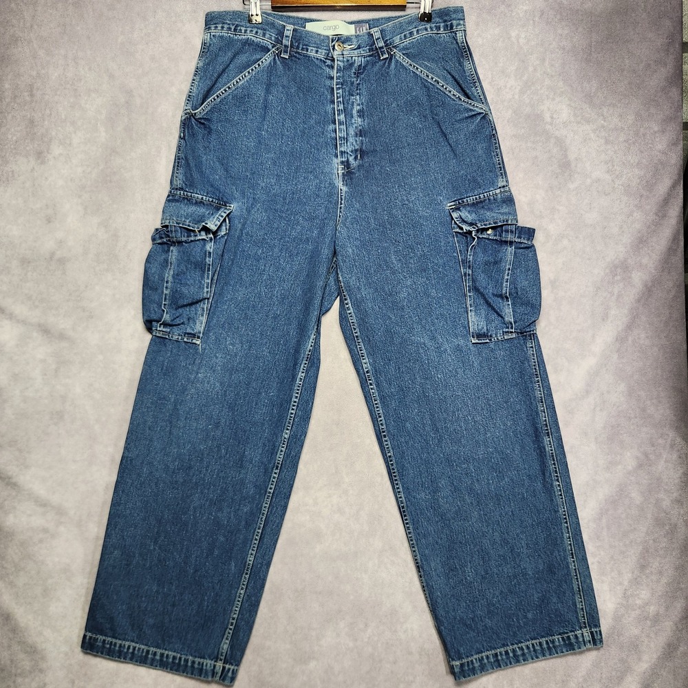 Vintage Gap Cargo Jeans Mens 34 35x30 Blue Denim Wide Leg Button Fly Pants